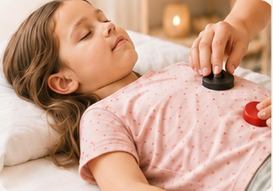 Sessio de biomagnetisme amb una nena descansant